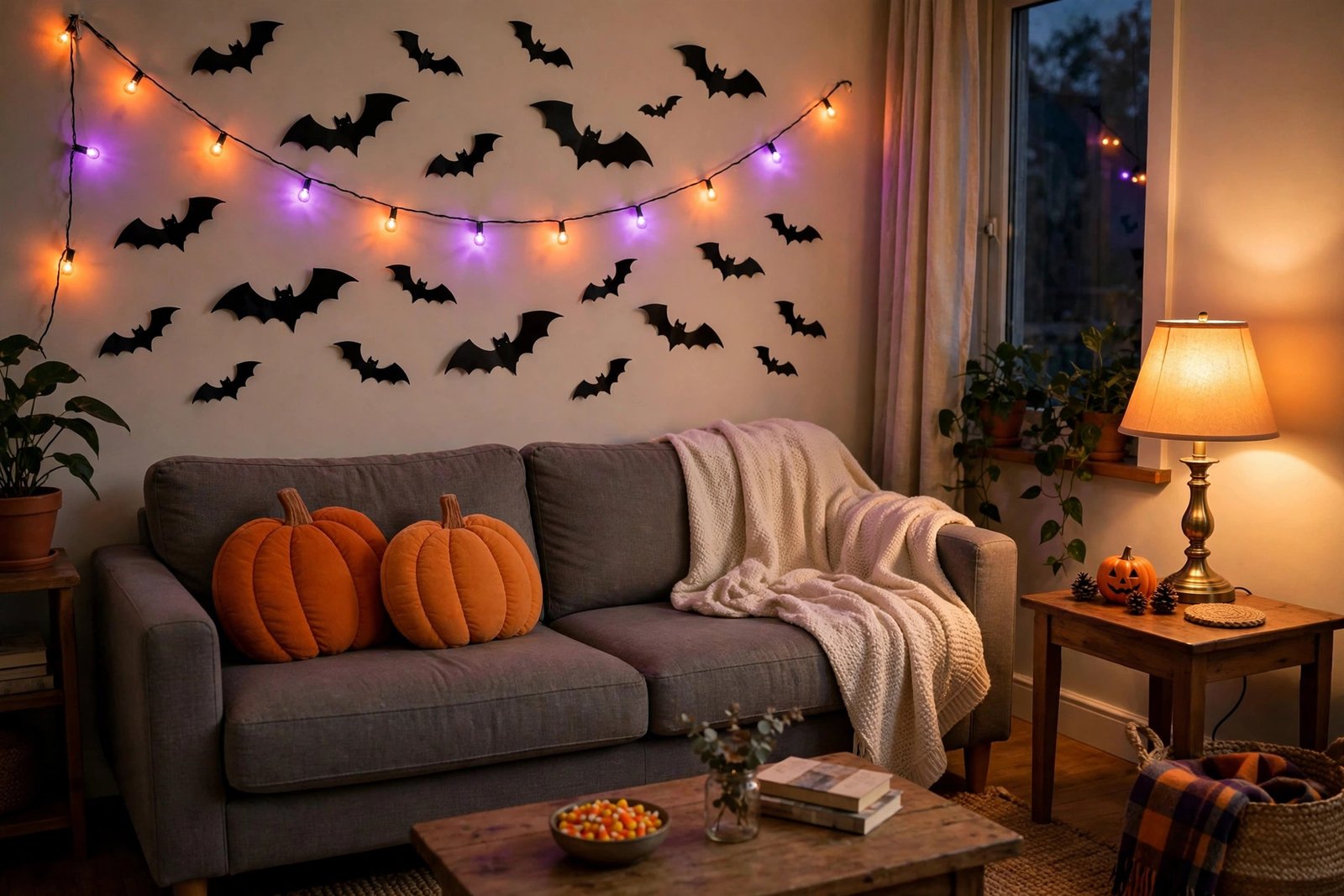 Cozy living room decorated with budget Halloween decorations: string lights, bat wall stickers, pumpkin pillows