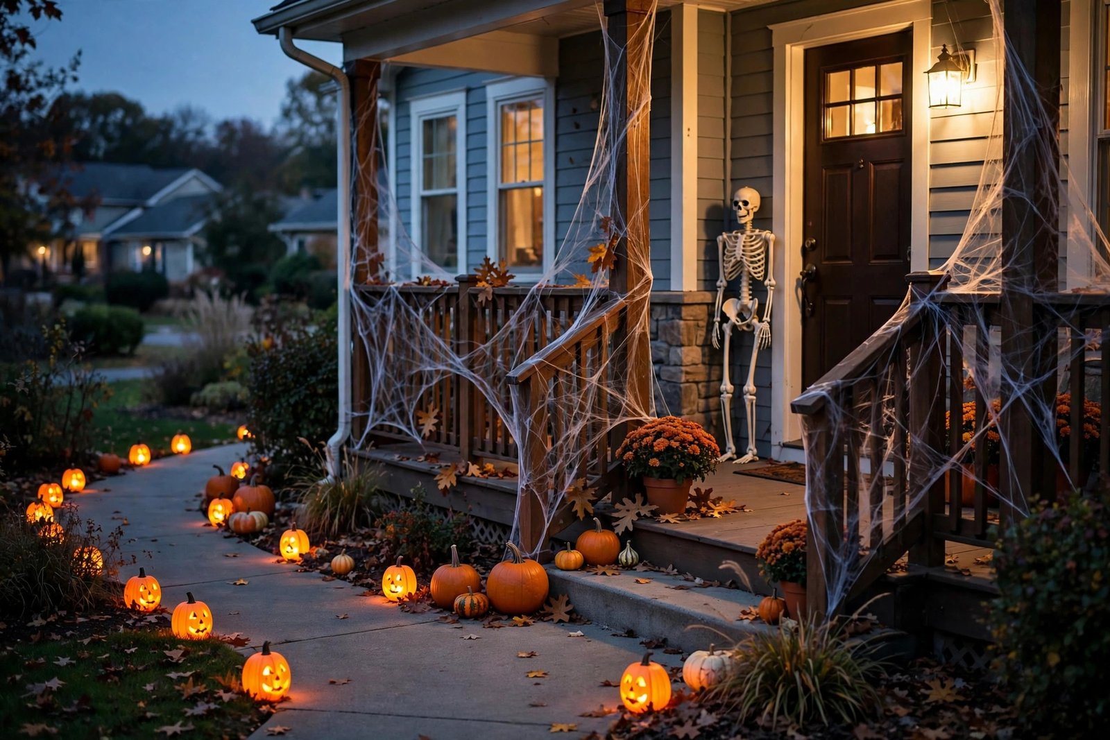 Front porch at dusk decorated with budget Halloween decorations: spider webs, glowing pumpkins, skeleton