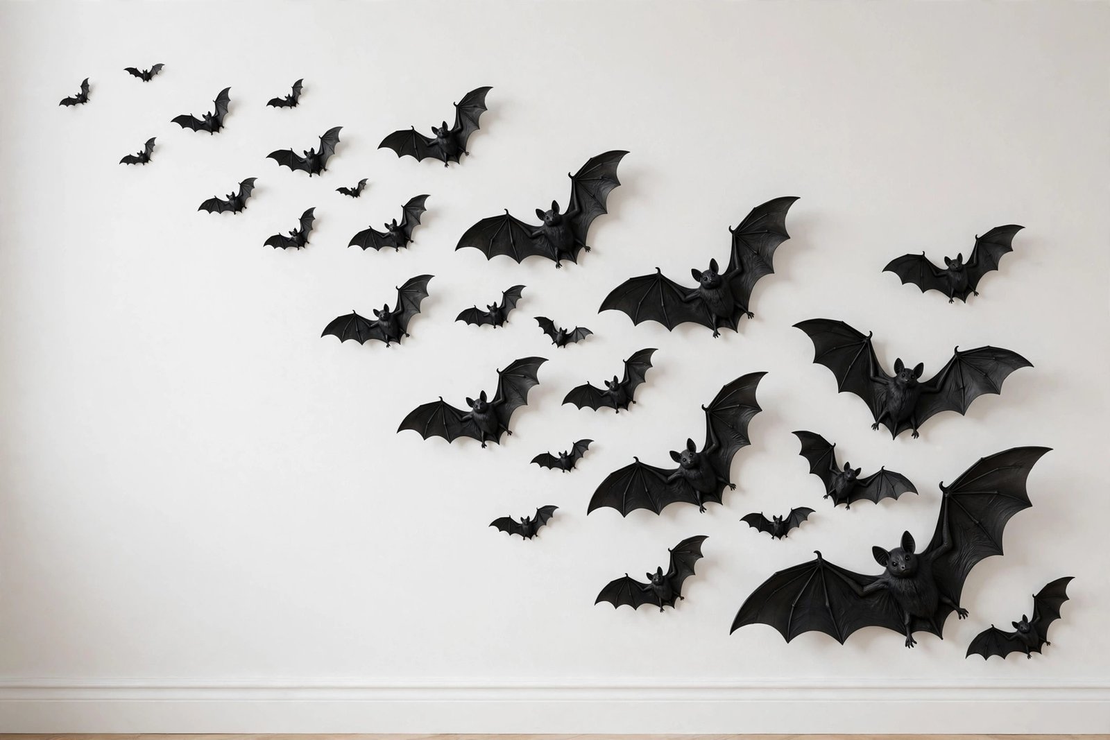 Black 3D bat wall stickers arranged on a white wall