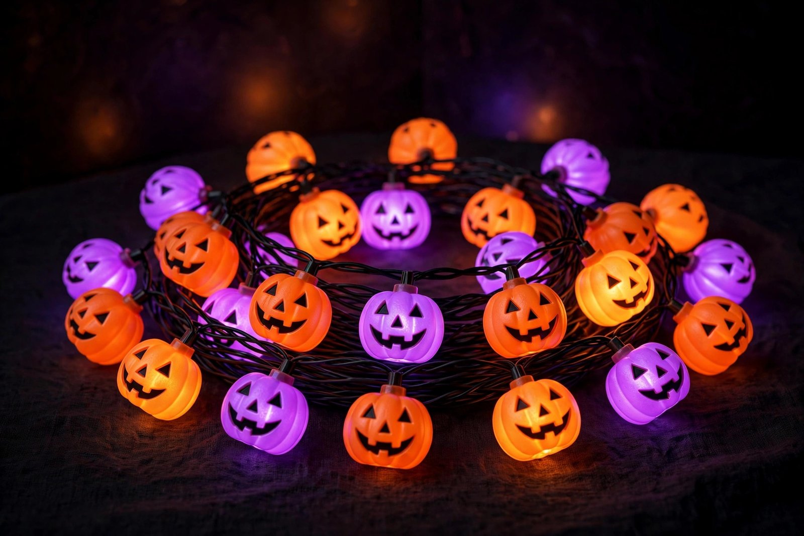 Orange and purple LED Halloween string lights glowing