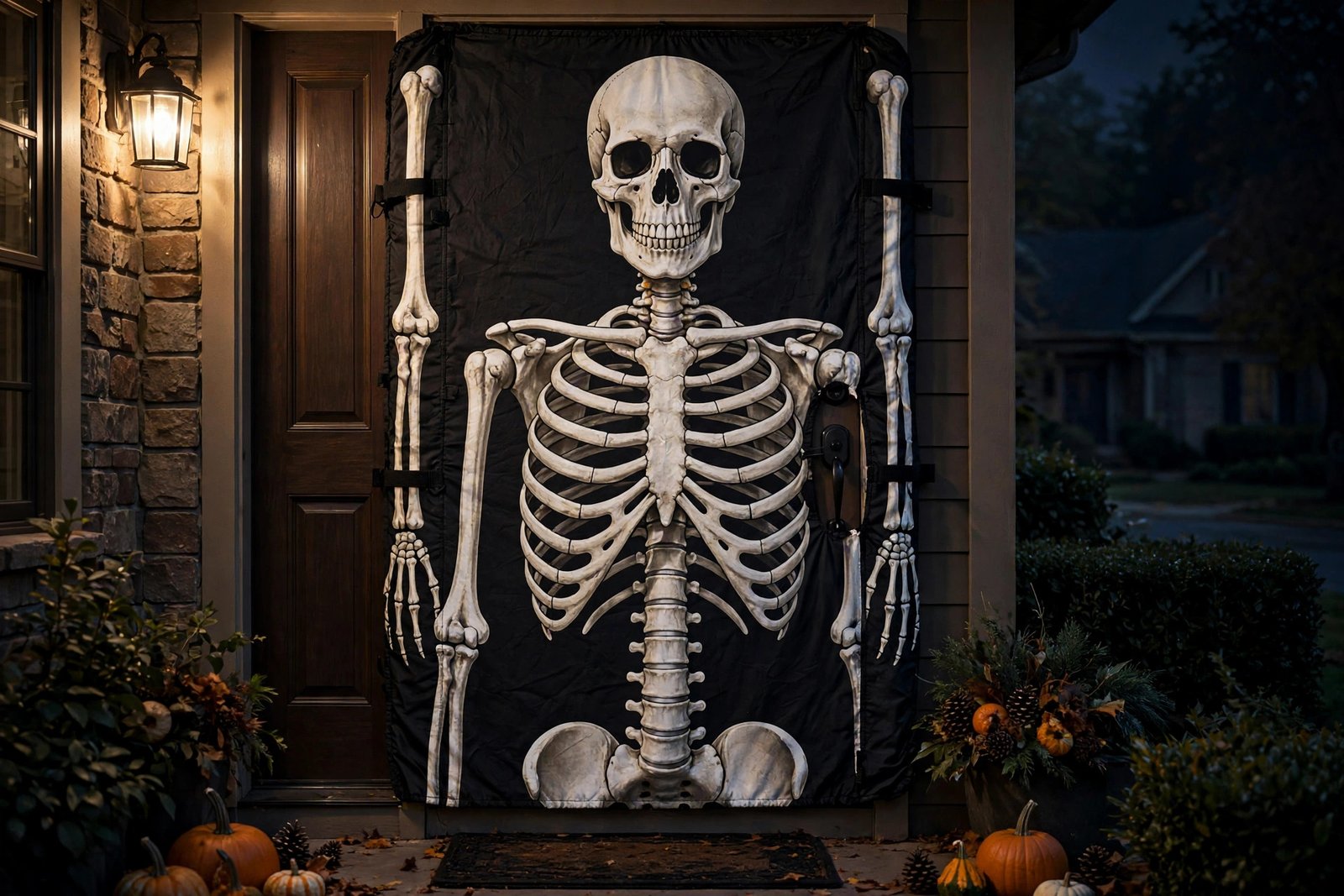 Life-size skeleton door cover on a front door