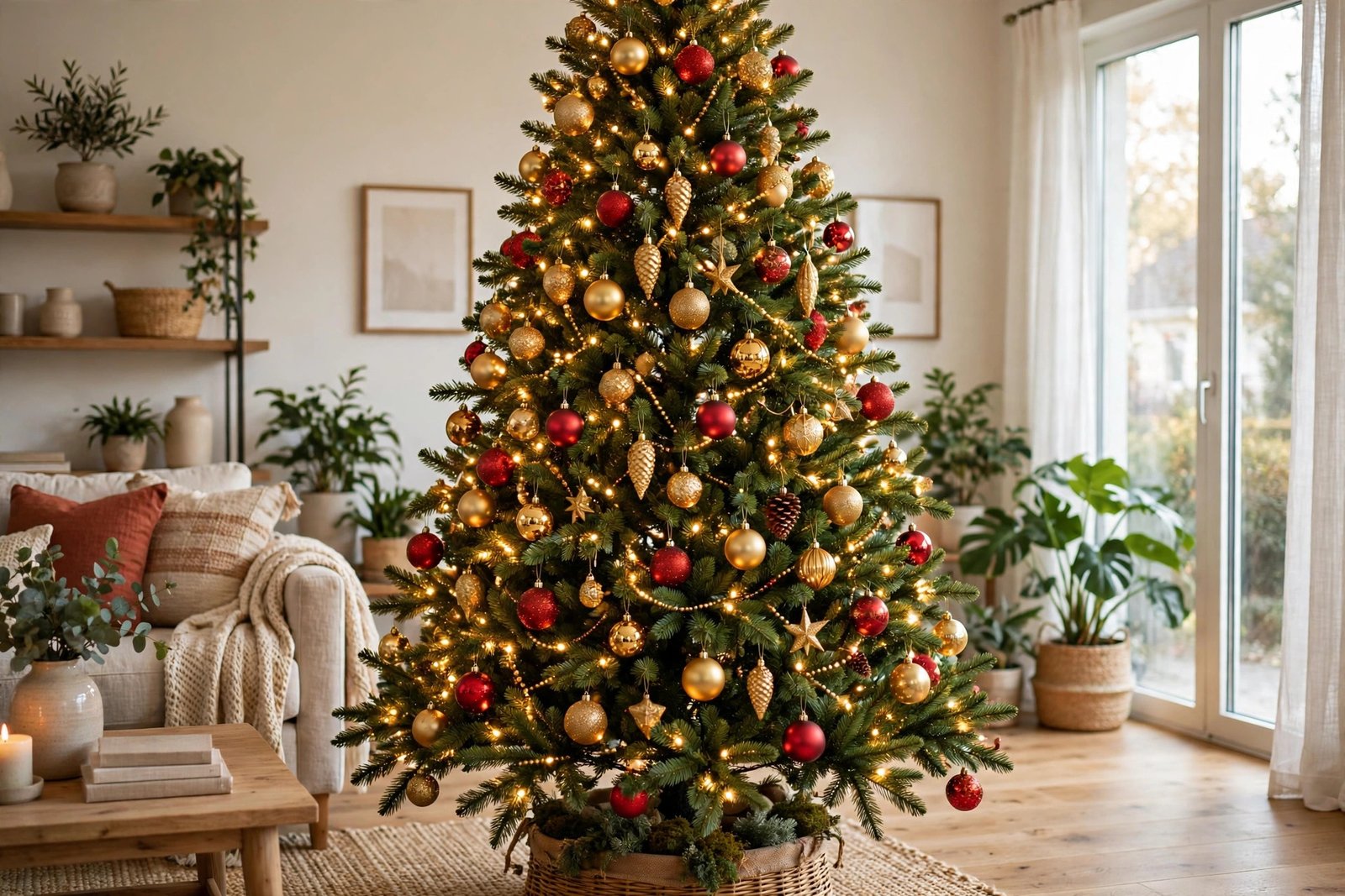 Full artificial Christmas tree decorated with ornaments and warm lights in a living room