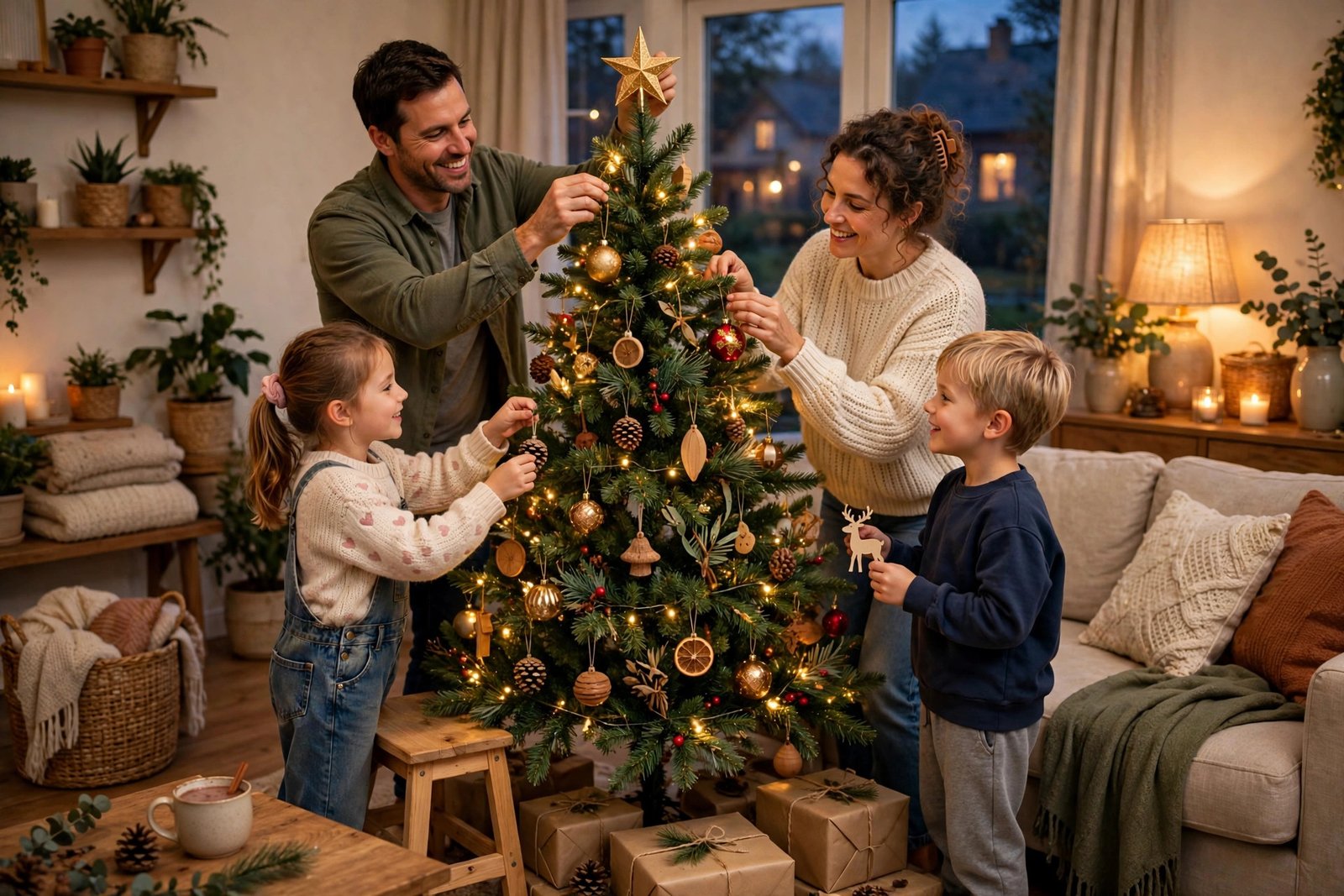 Family decorating an affordable artificial Christmas tree together in a cozy home