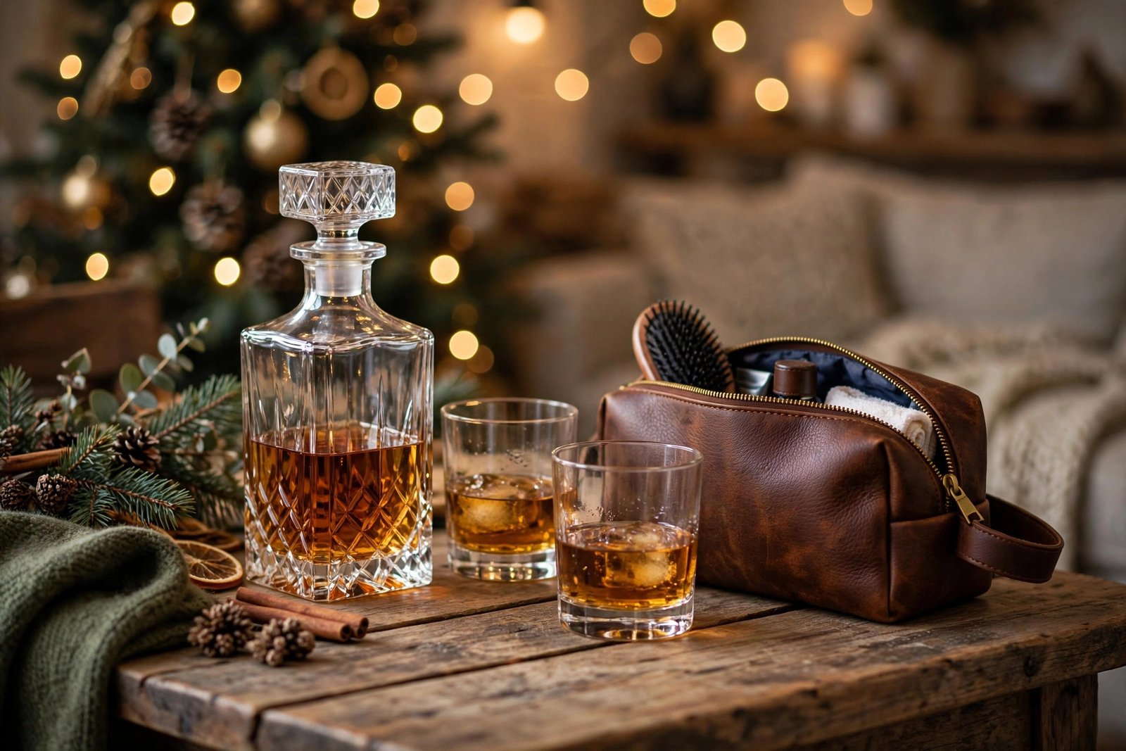 Elegant Christmas gift setup for men: whiskey decanter set and leather goods on a wooden table with holiday decor