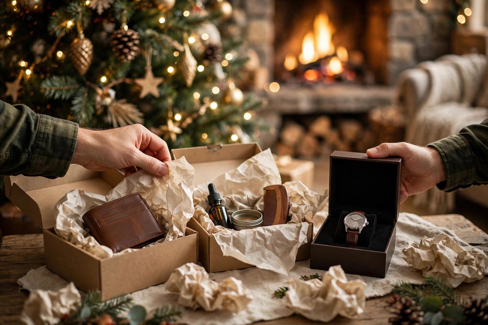 Man opening Christmas gifts: leather wallet, watch box, and premium grooming items under a decorated tree