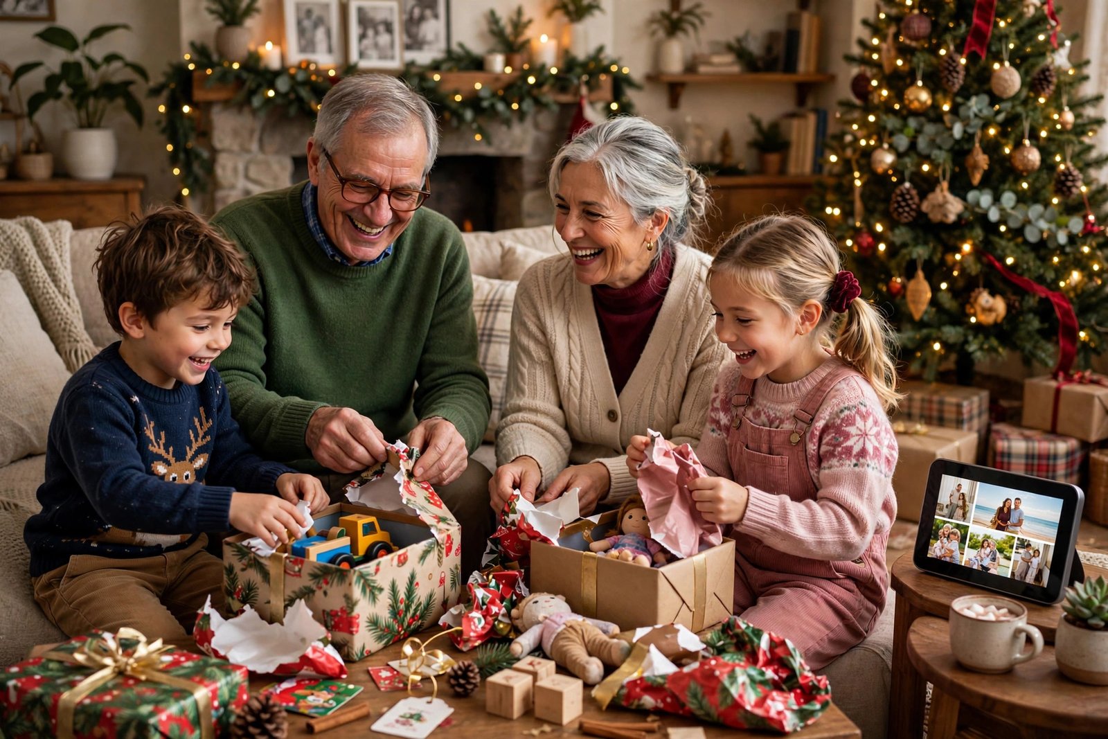 Grandparents opening Christmas gifts with grandchildren: cozy living room with a digital photo frame showing family pictures