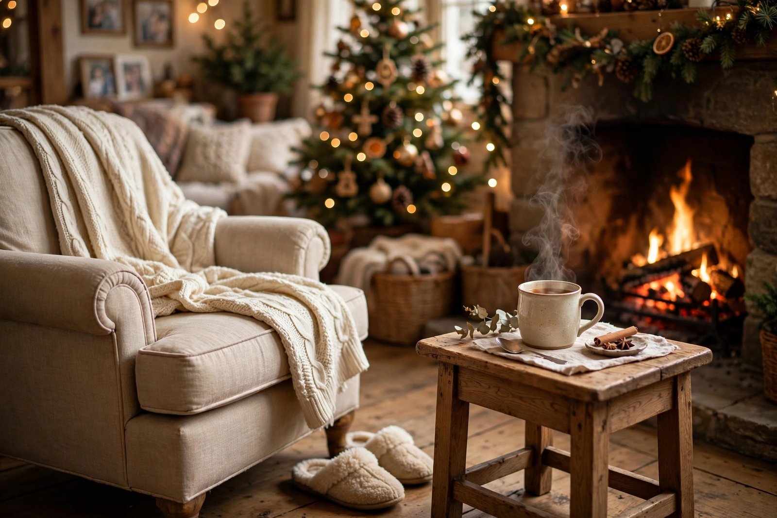 Cozy Christmas scene: grandparents' armchair with a soft throw blanket, warm slippers, and a cup of tea by the fireplace