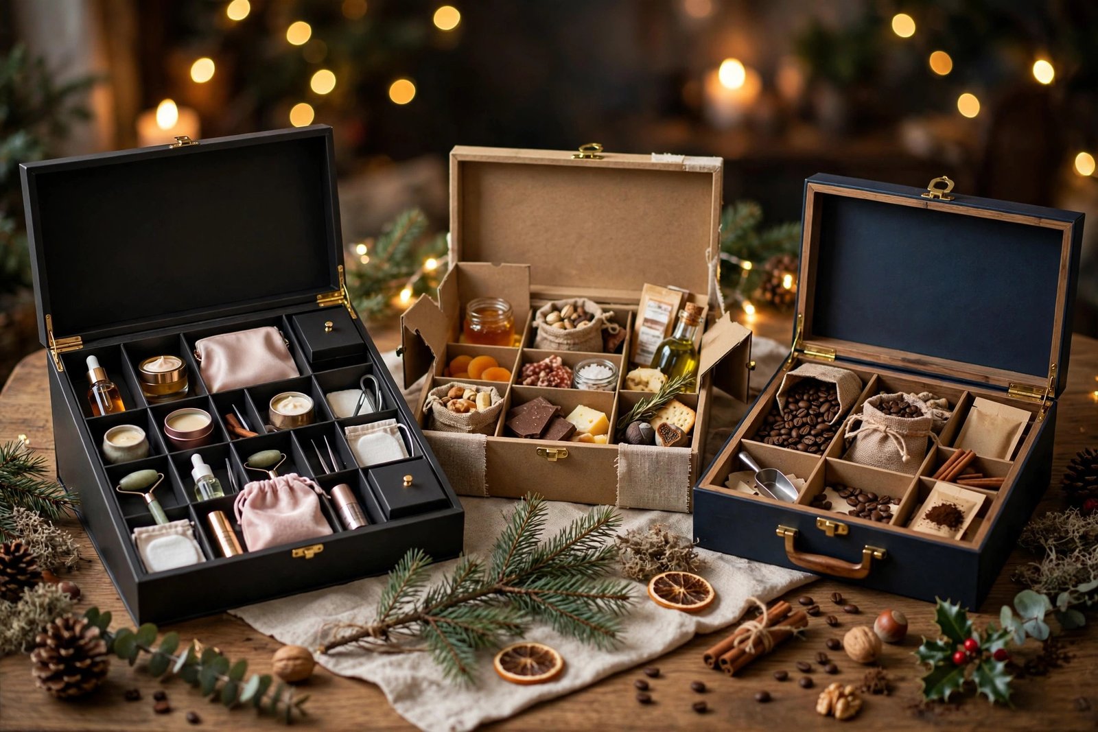 Luxurious adult advent calendars arranged on a table: beauty, whiskey, and gourmet food countdown boxes with Christmas decor