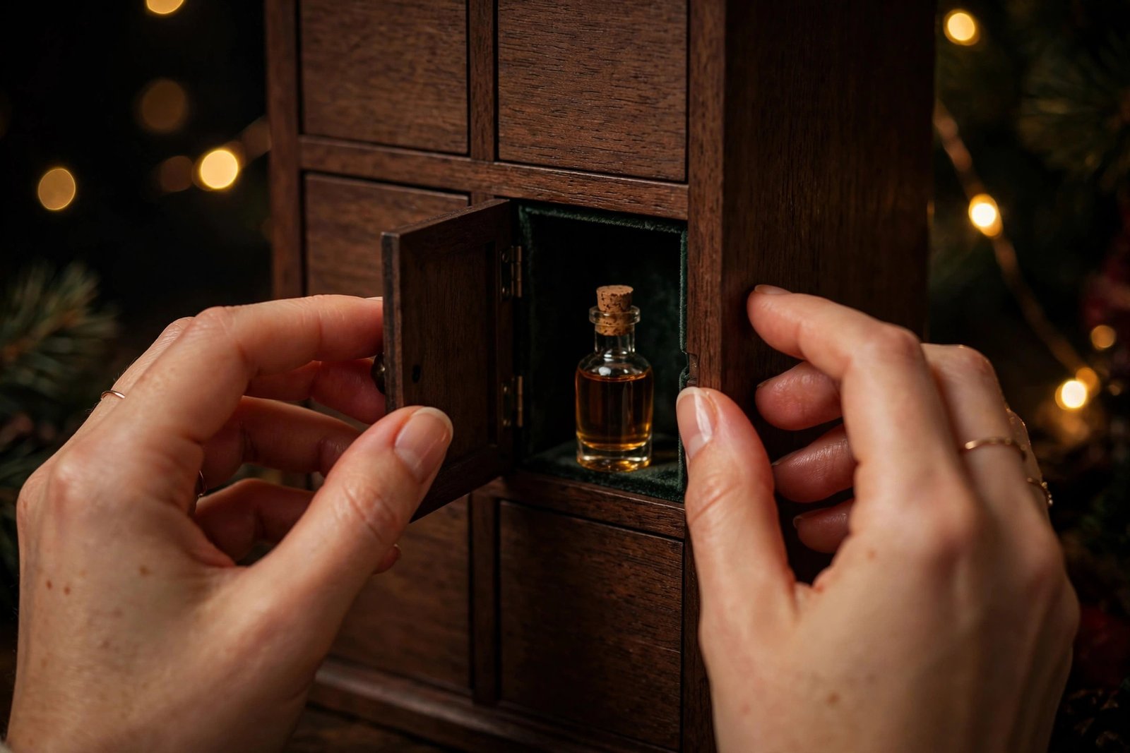 Hands opening an advent calendar door revealing a small whiskey bottle, with festive lights in the background