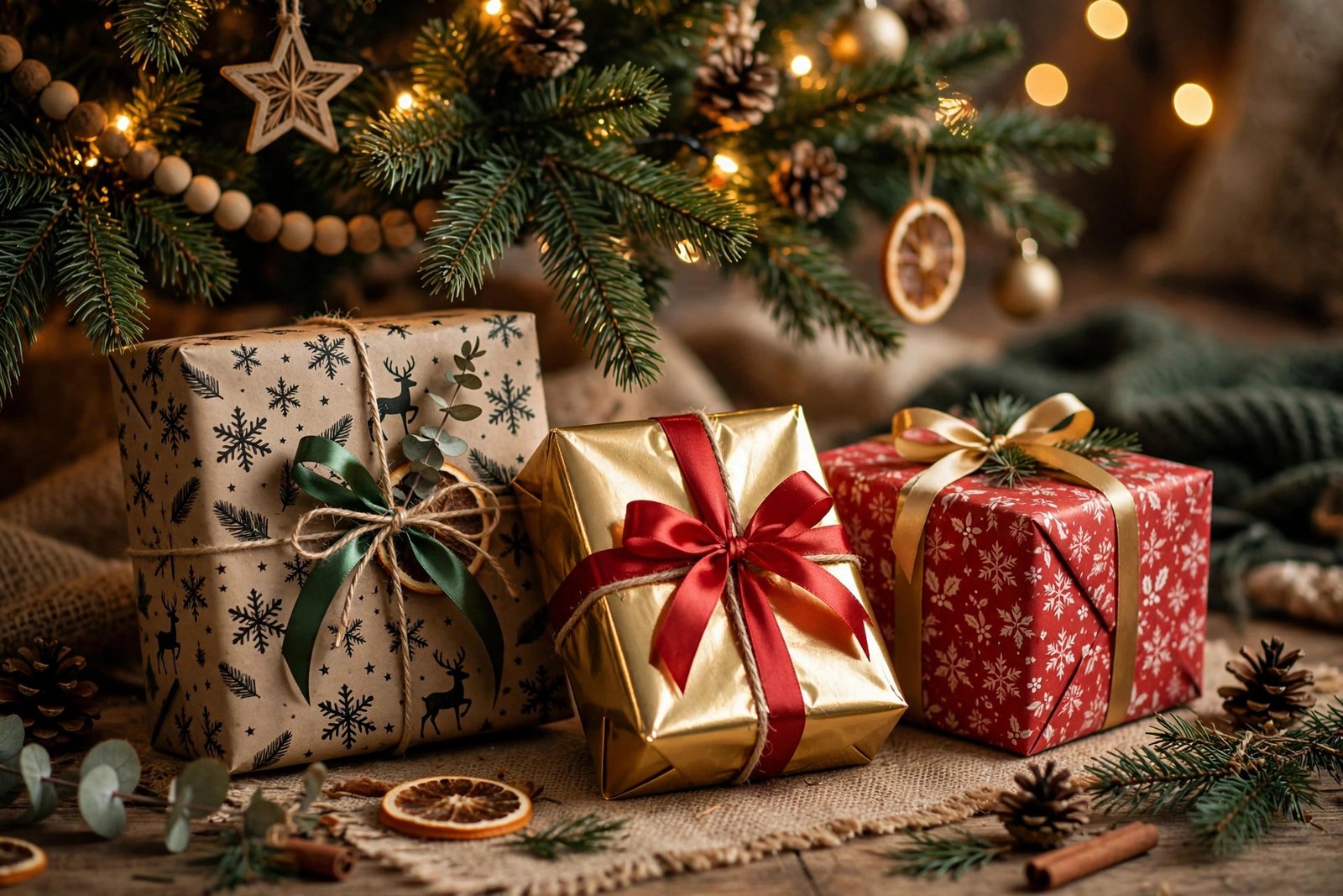 Beautifully wrapped Christmas gifts in kraft and gold foil wrapping paper with ribbons under a tree