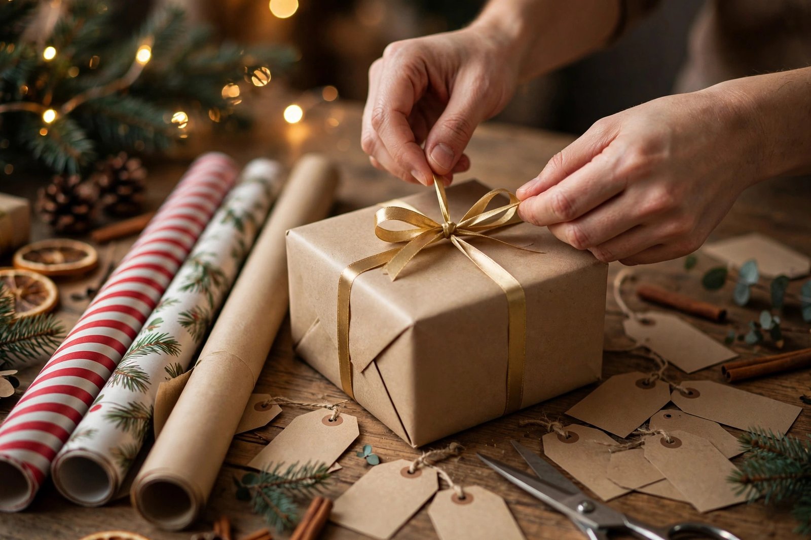 Hands wrapping a Christmas gift with ribbon and bow, with wrapping paper rolls and scissors on a table