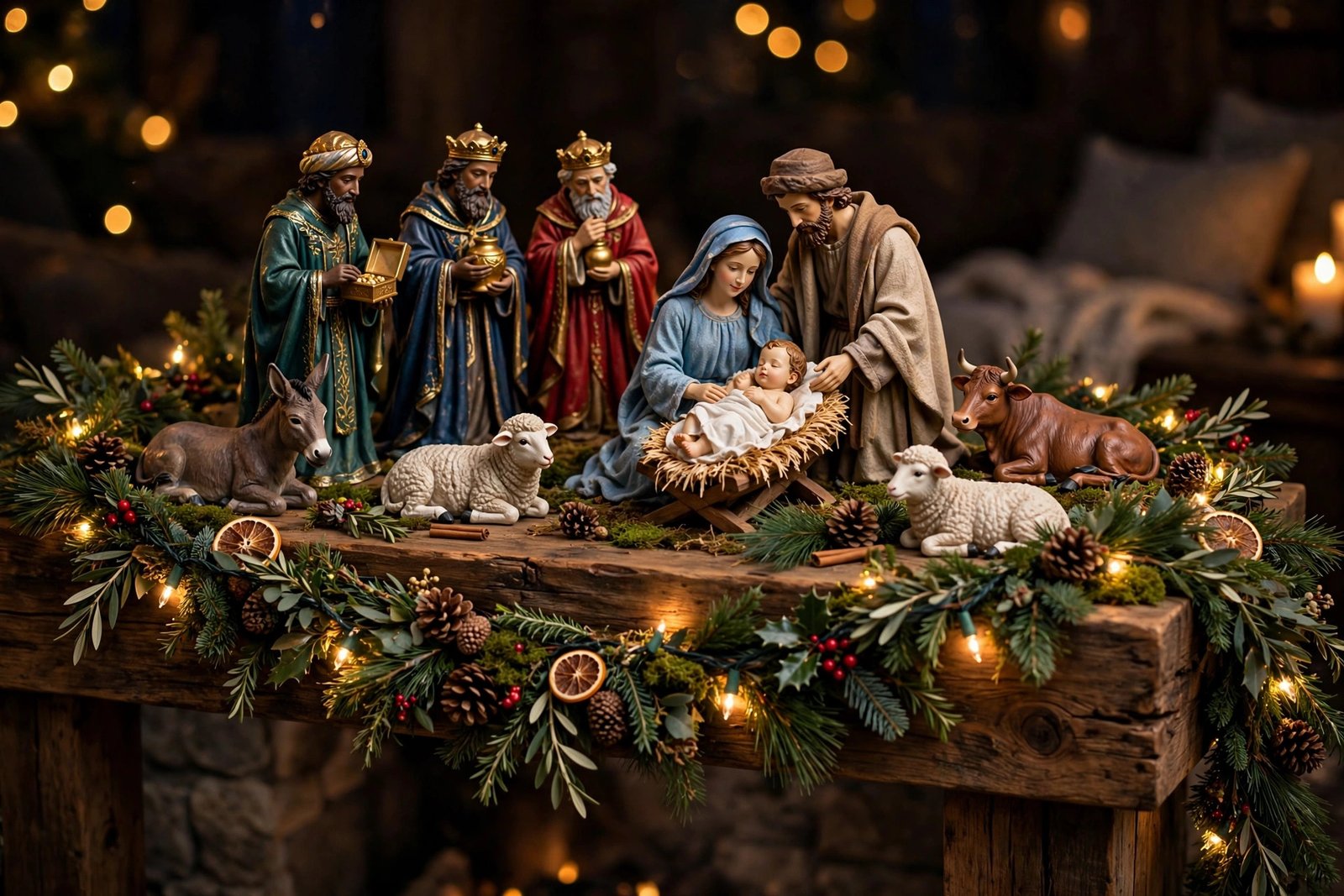Beautiful nativity set displayed on a wooden mantel with warm Christmas lights and greenery