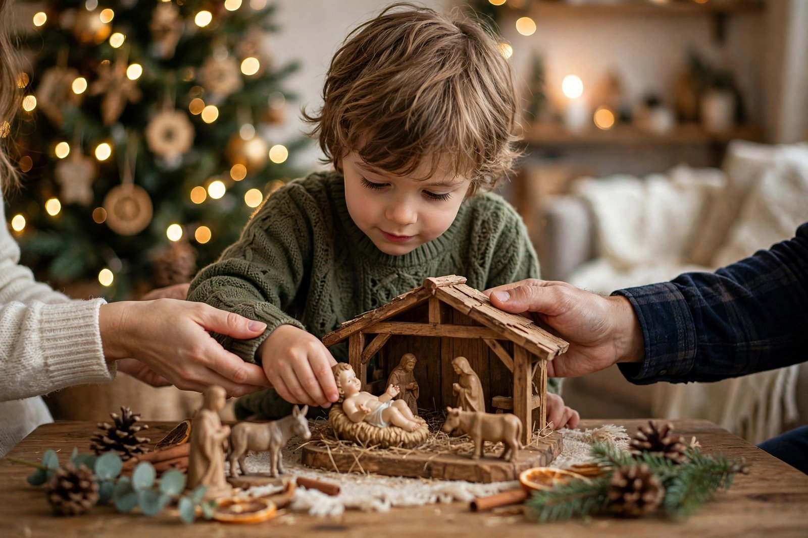 Child carefully placing a baby Jesus figurine in a nativity scene, family Christmas tradition