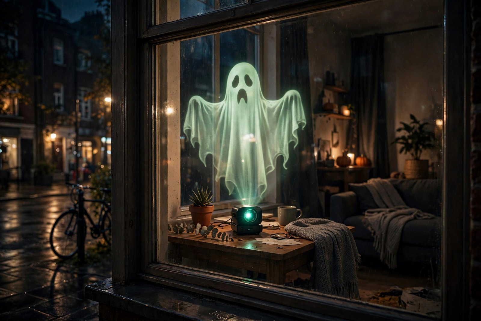 Halloween projector glowing on an apartment window at night, ghost image visible from the street