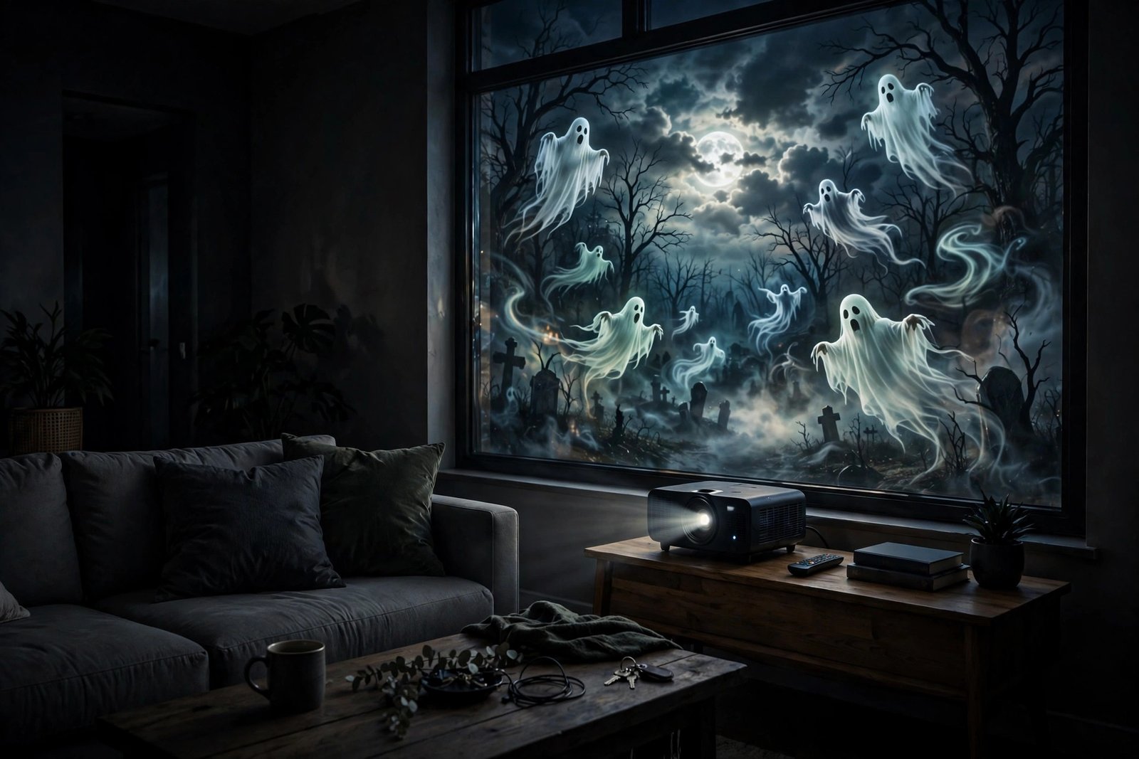 Apartment living room window with rear projection film showing a spooky ghost scene at night