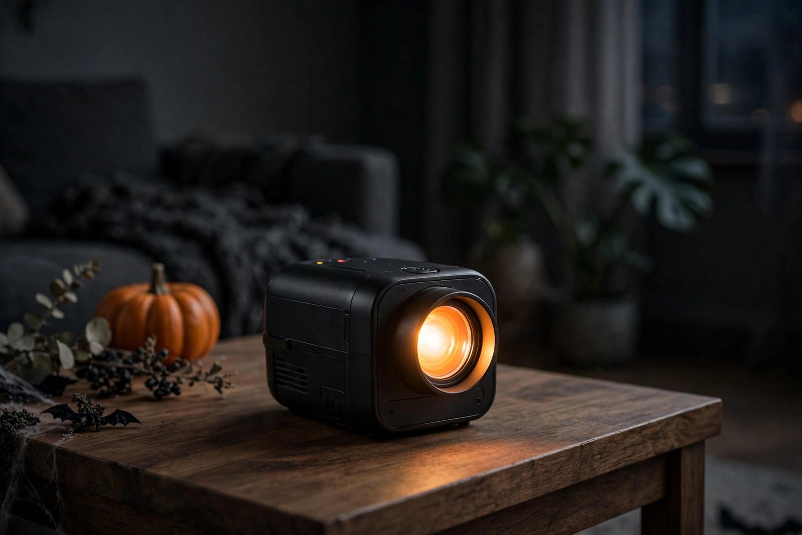 Halloween window projector device on a table