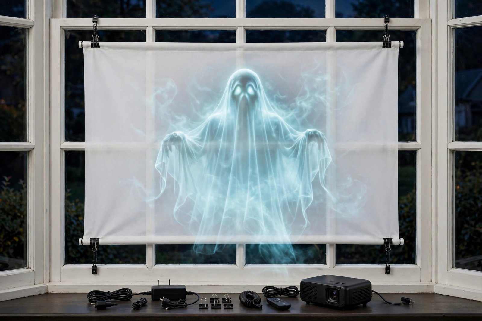 Window projector kit with rear-projection fabric screen