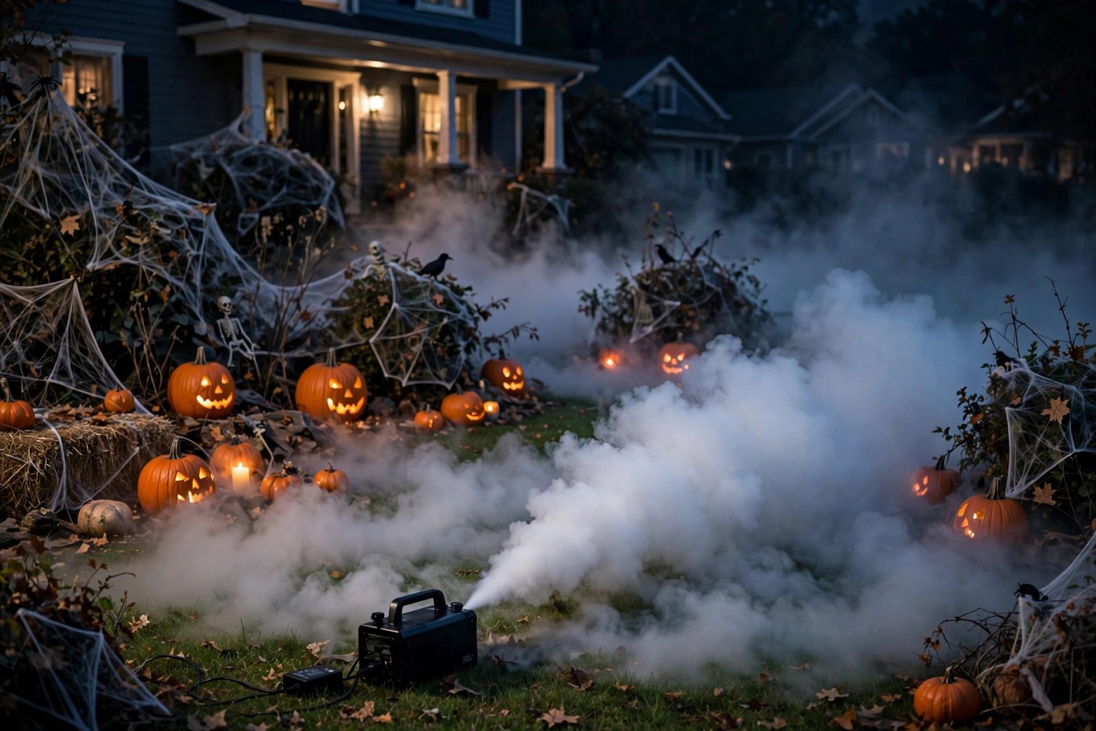 Fog machine running in a Halloween-decorated front yard at night, thick fog rolling over the lawn