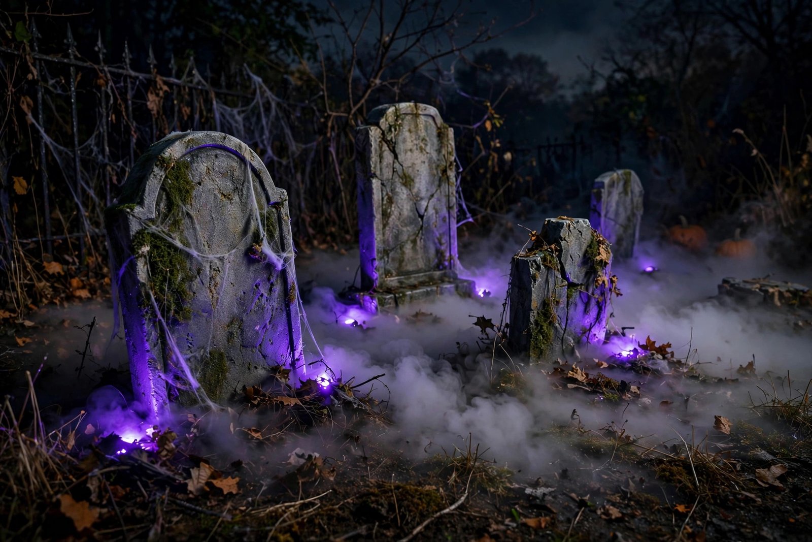 Low-lying ground fog rolling through a Halloween graveyard decoration scene at night