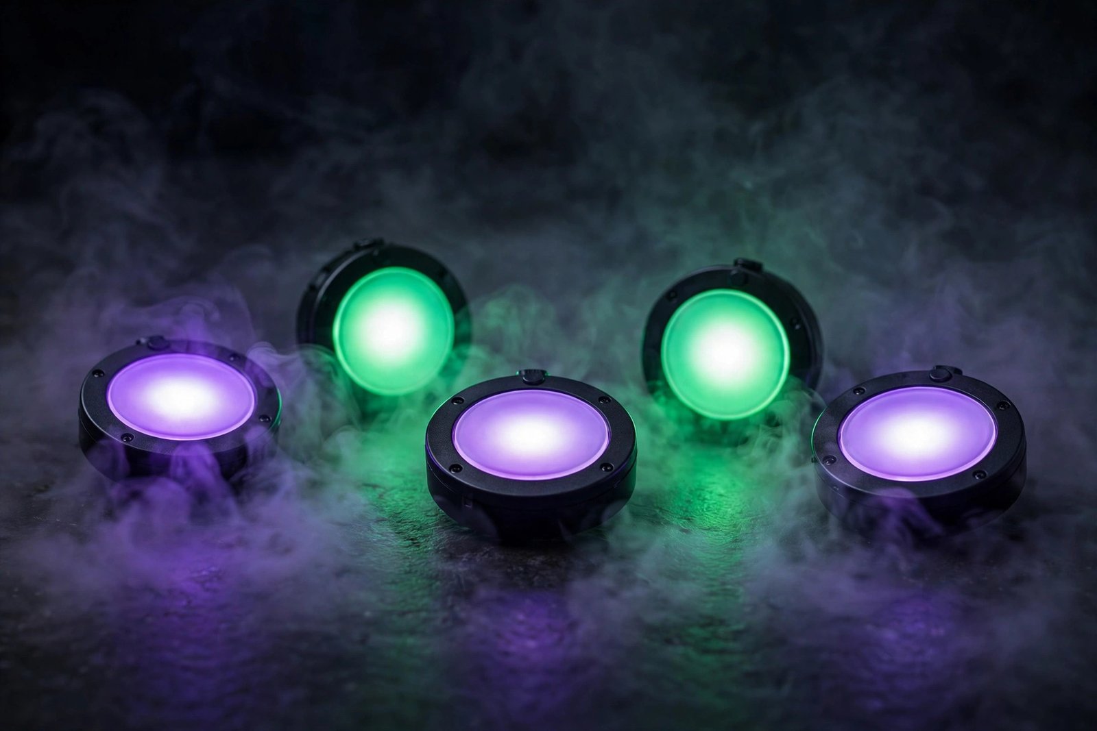 LED uplight puck lights glowing in fog