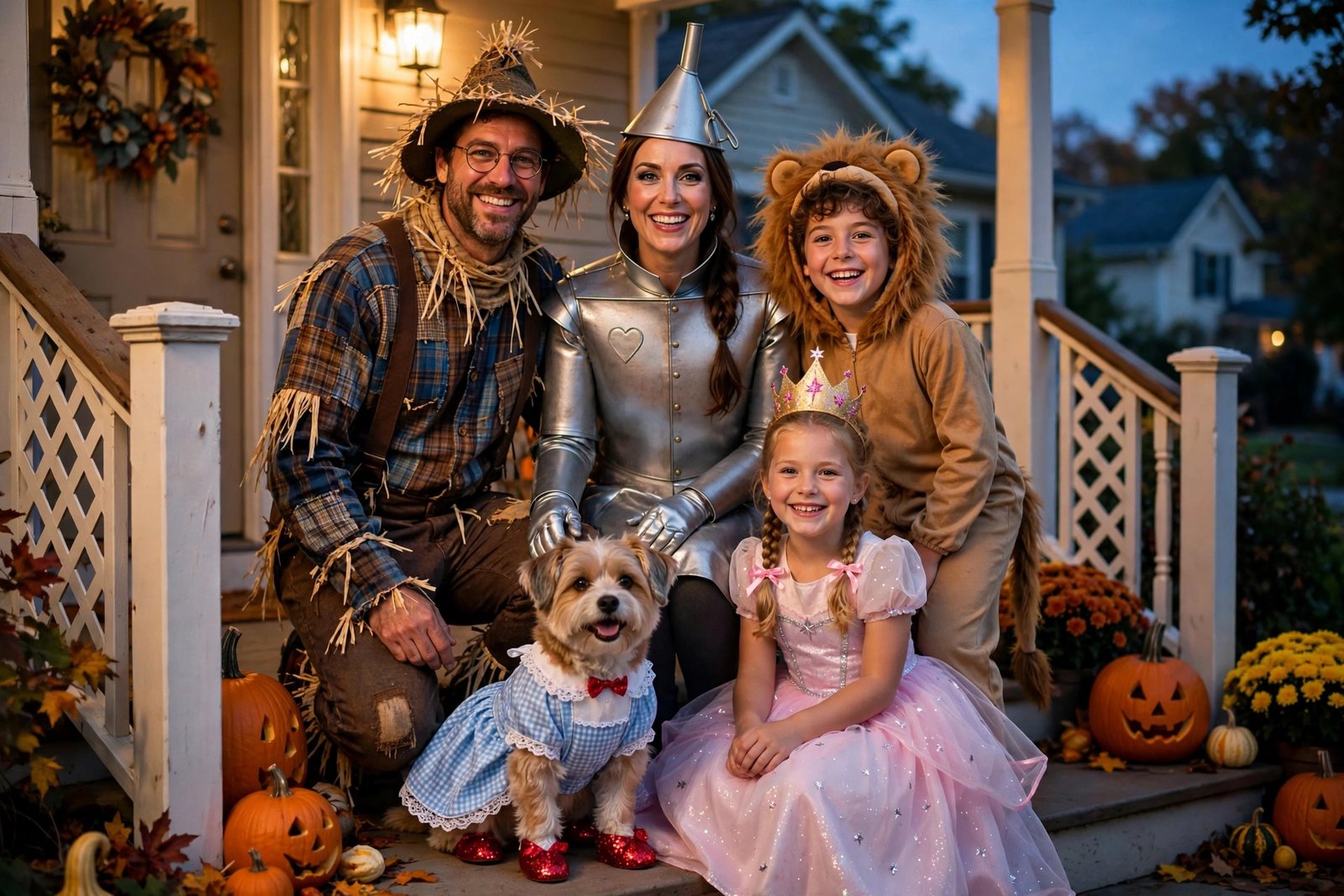 Family in Wizard of Oz Halloween costumes with their dog dressed as Dorothy