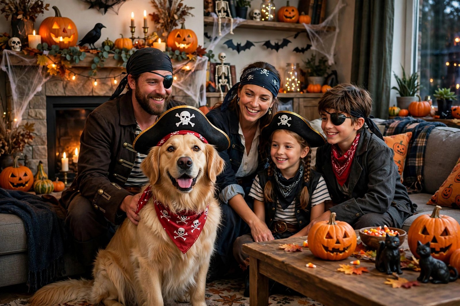 Dog in a pirate costume with family members dressed as pirates for Halloween
