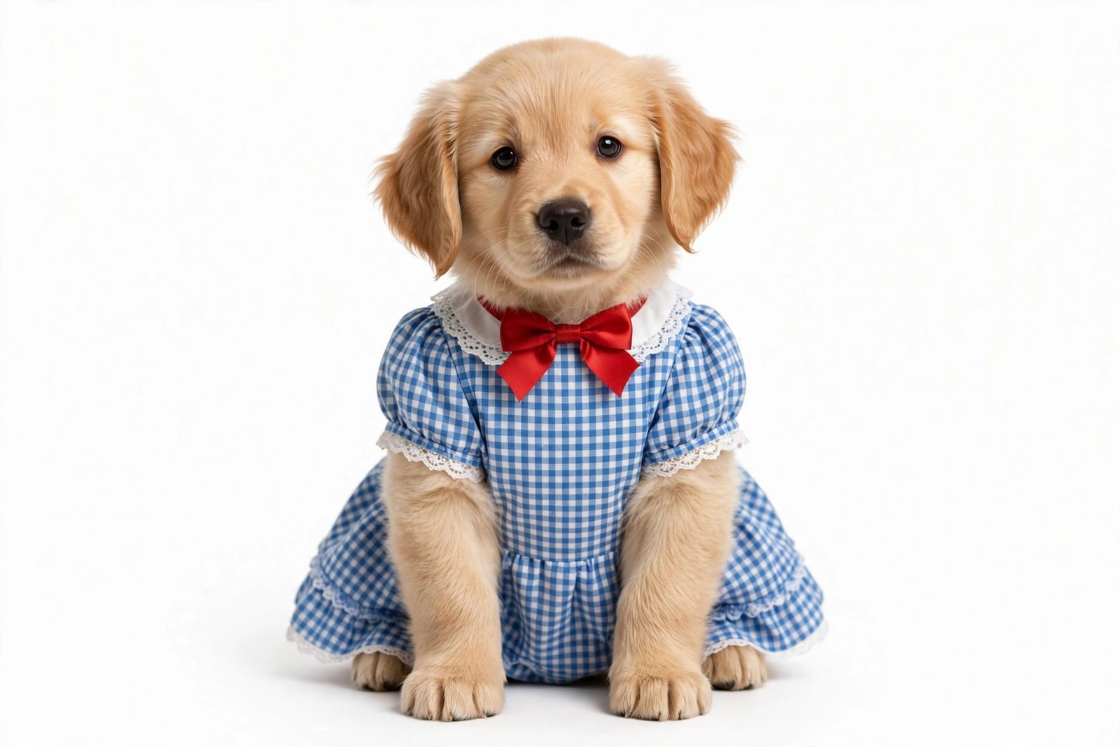 Small dog wearing Dorothy Wizard of Oz costume