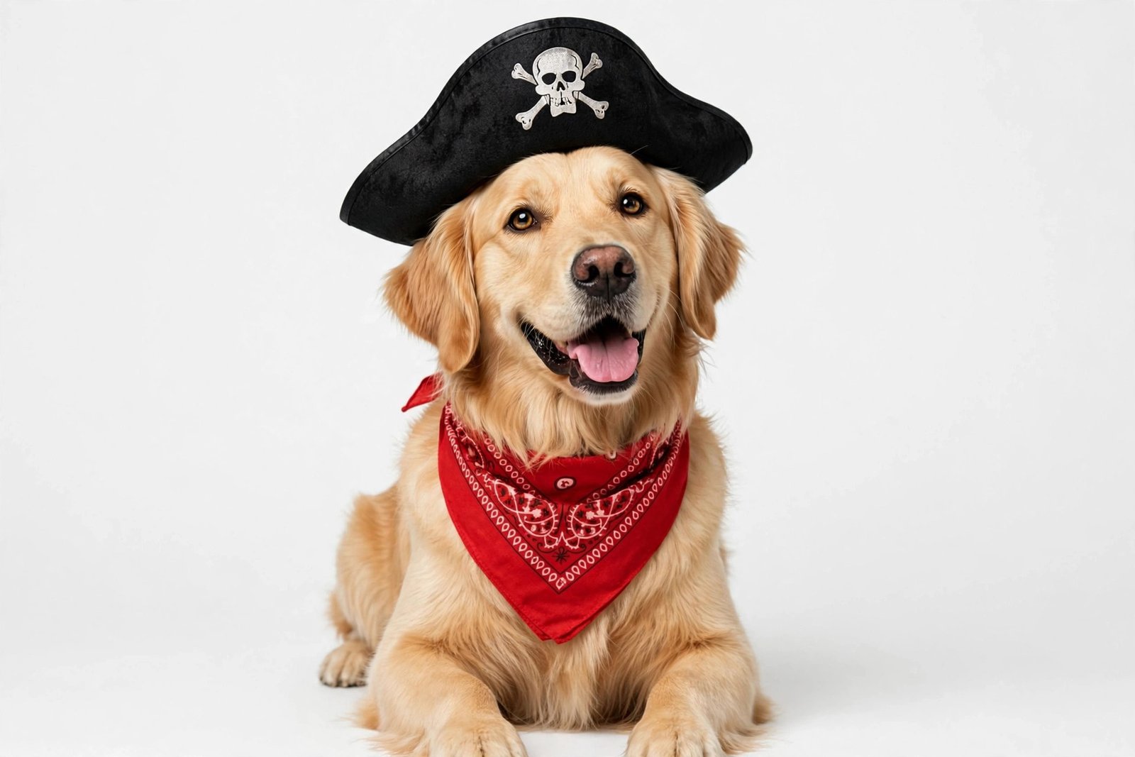 Dog wearing pirate hat and bandana costume
