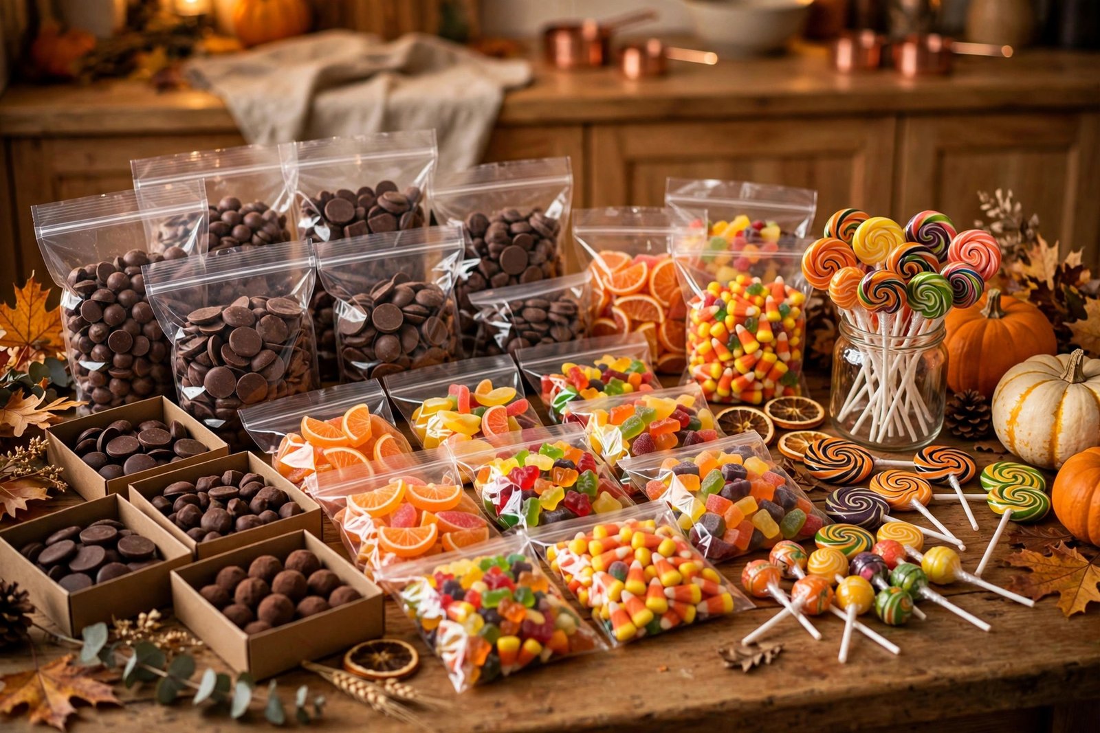 Bulk Halloween candy variety bags and boxes arranged on a table