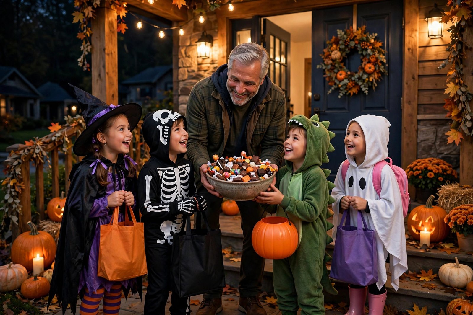 Kids in costumes trick-or-treating at a front door with a big candy bowl