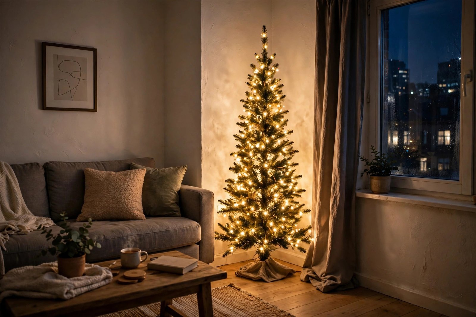 Slim pre-lit Christmas tree glowing in a cozy small apartment living room corner