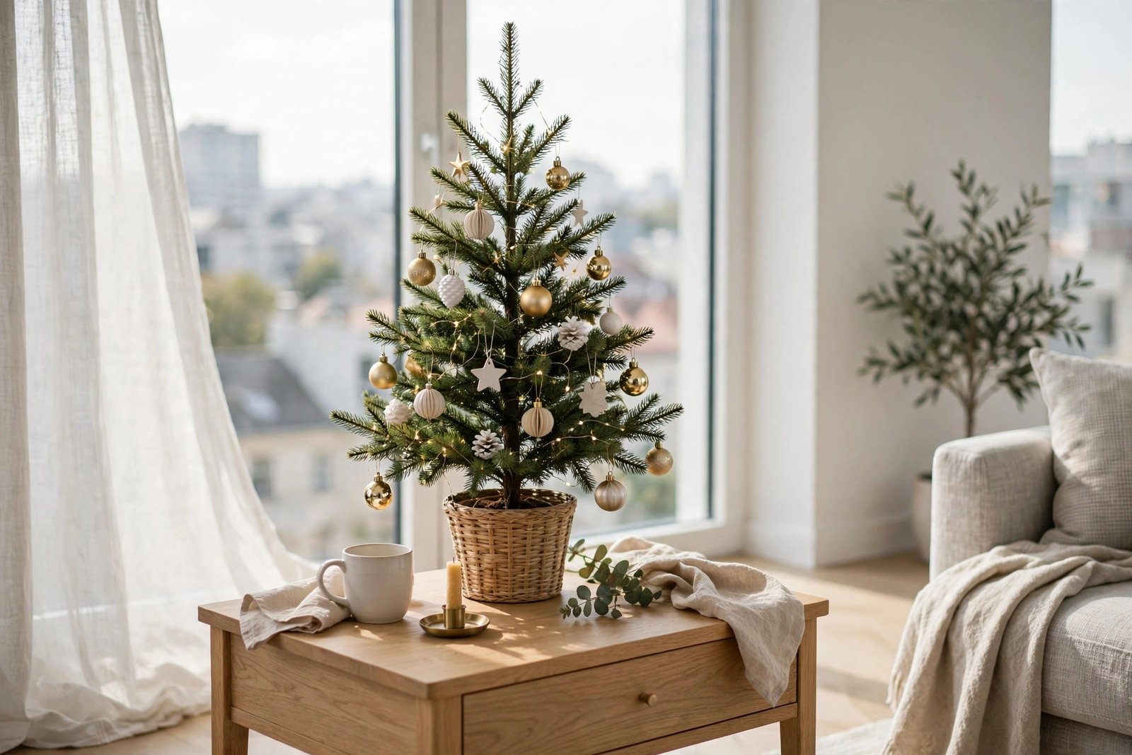 Small pre-lit Christmas tree on a wooden table in a bright apartment, decorated with simple ornaments