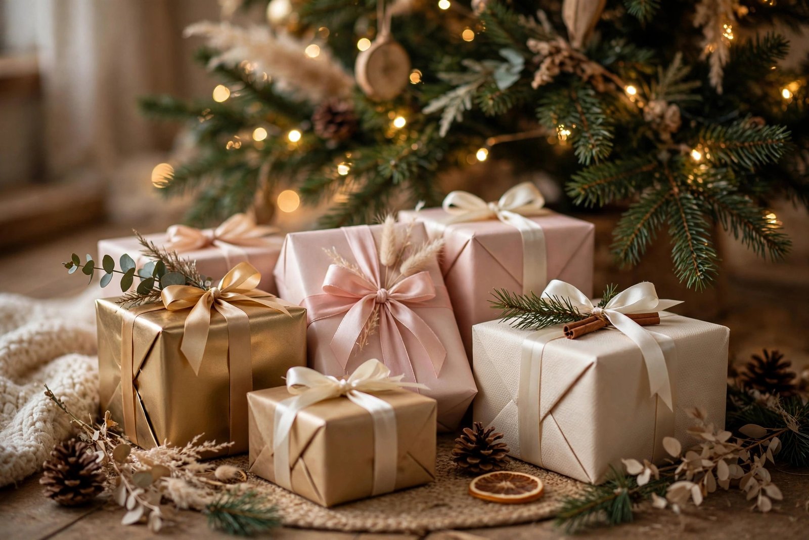 Beautifully wrapped Christmas gifts for her in gold and blush tones under a tree