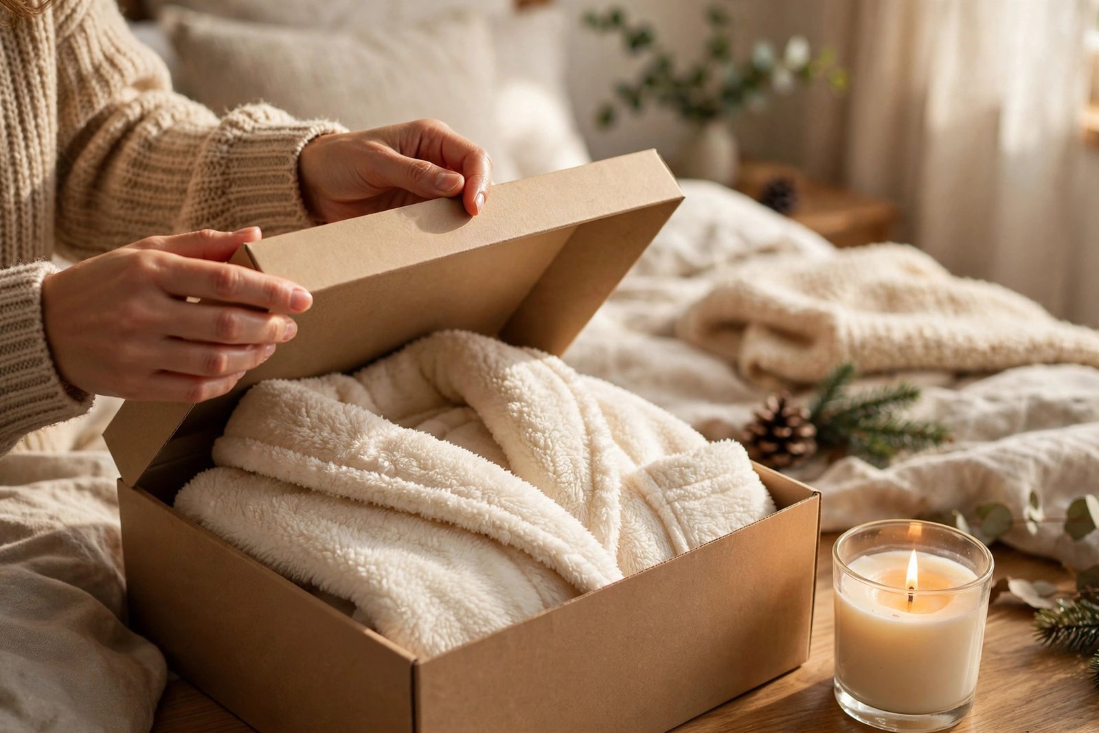 Woman opening a Christmas gift box with a cozy robe and candle inside