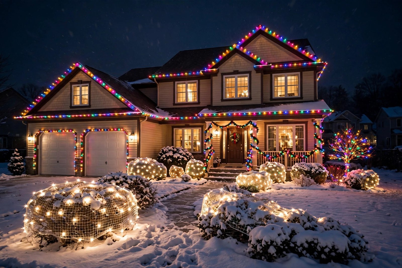 House exterior at night covered in bright Christmas lights with snow on the ground