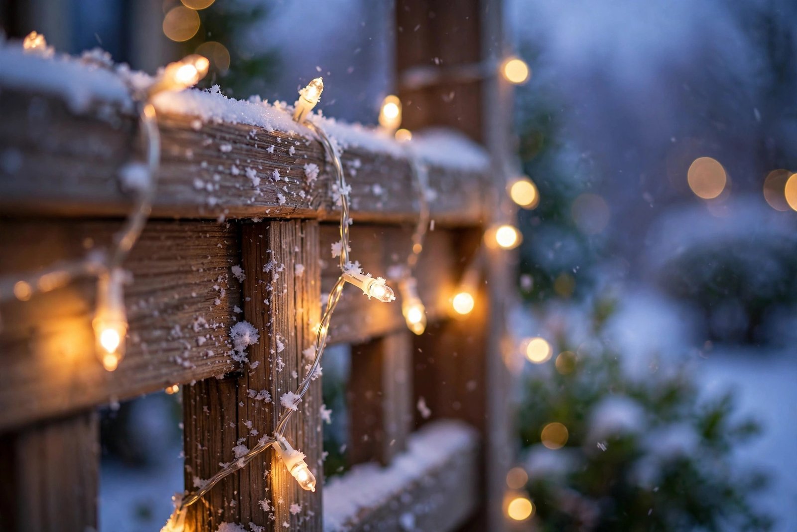 Close-up of outdoor Christmas string lights glowing warm on a snowy porch railing