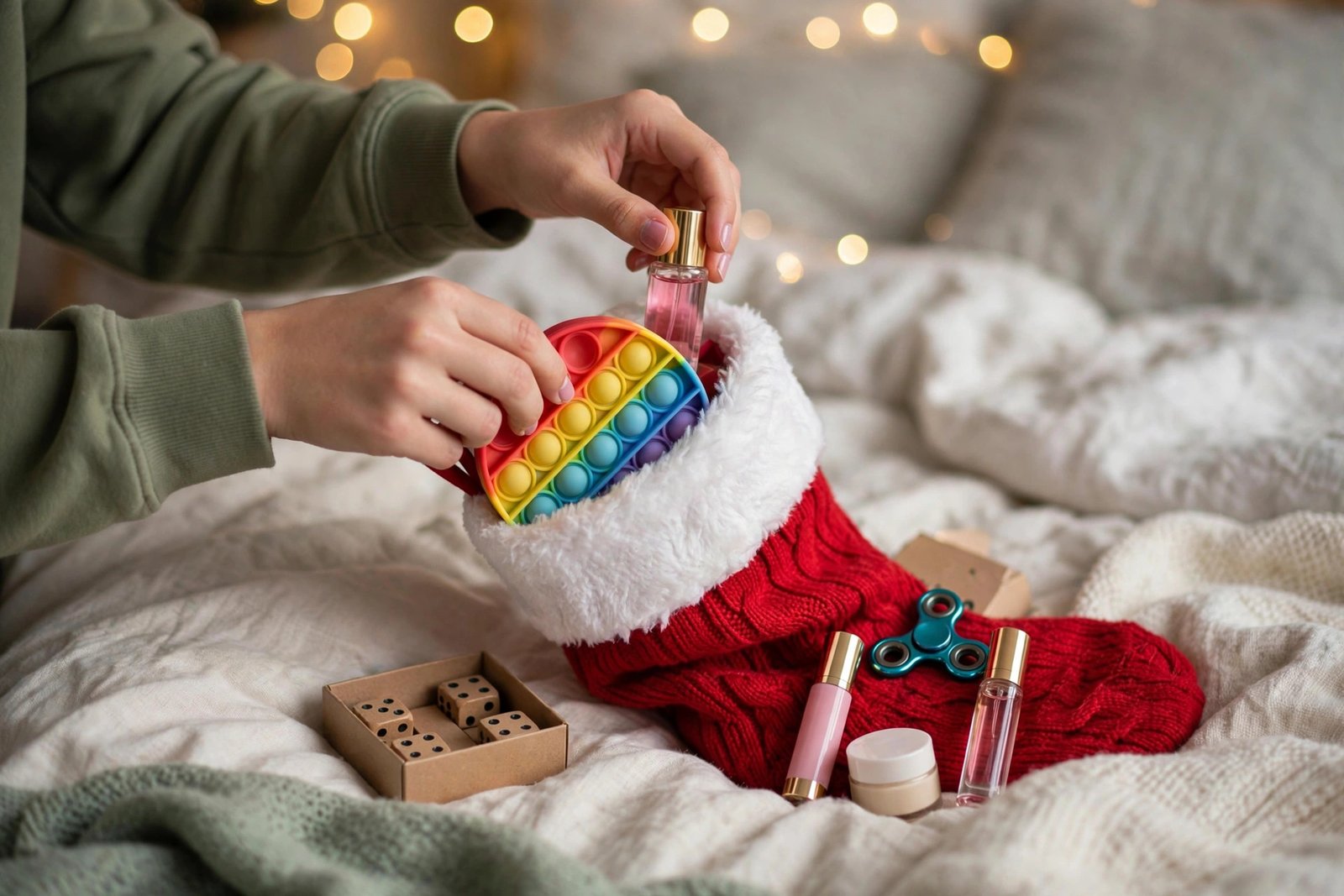 Teen opening Christmas stocking with fidget toys and beauty products on a bed