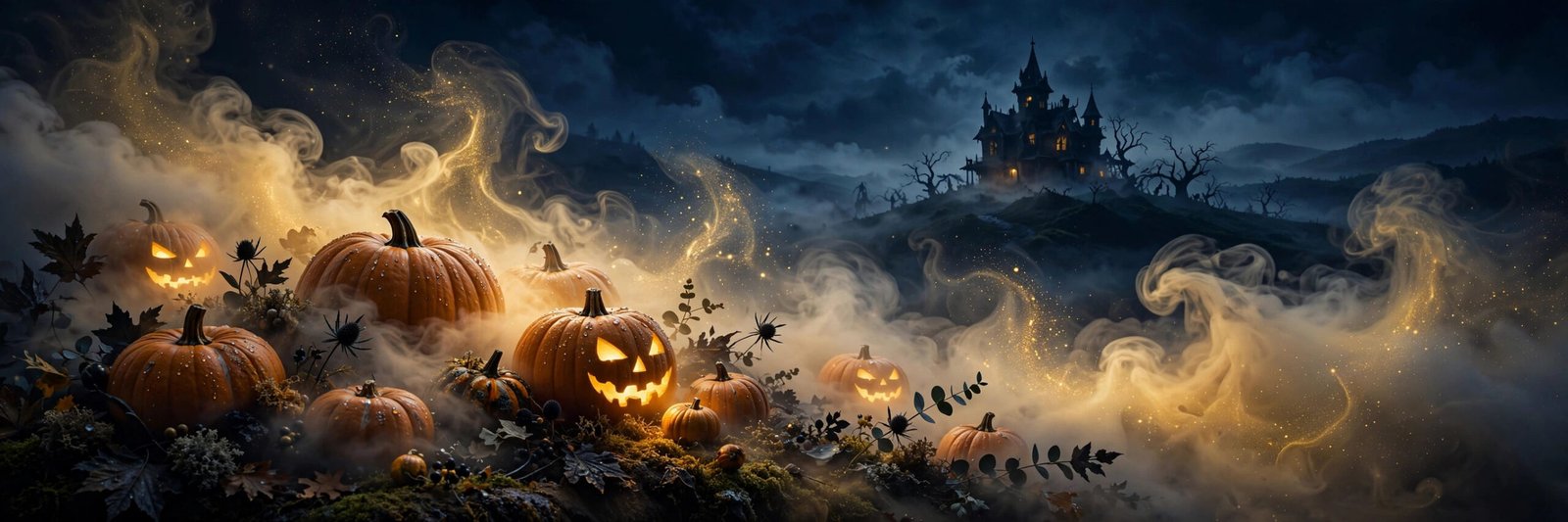Fog machine creating a spooky Halloween atmosphere with fog rolling over Halloween decorations